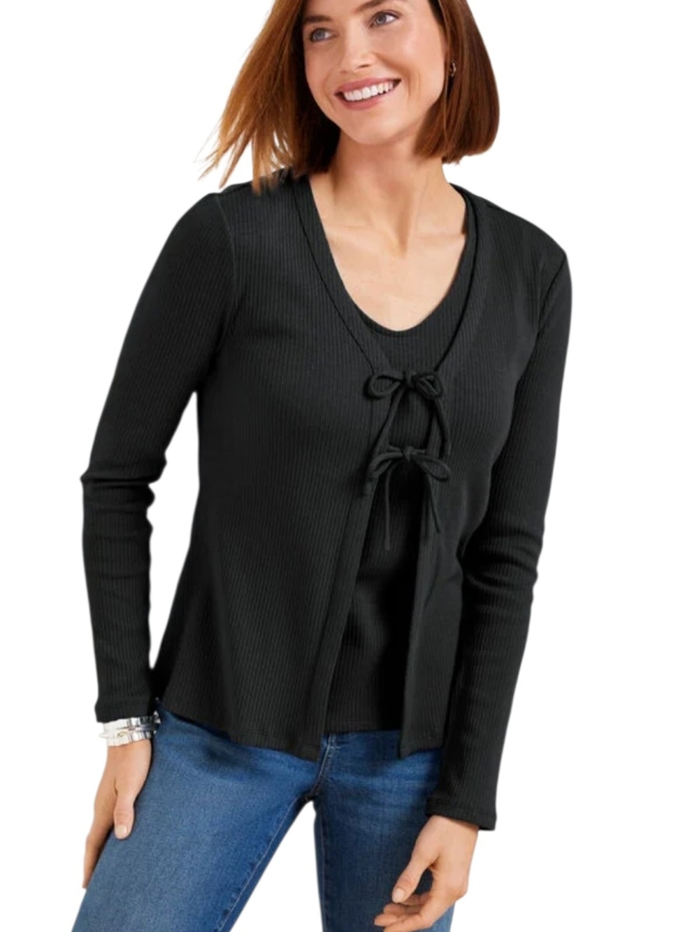 Talbots Jet Black Ribbed Long-Sleeve Tie-Front Top